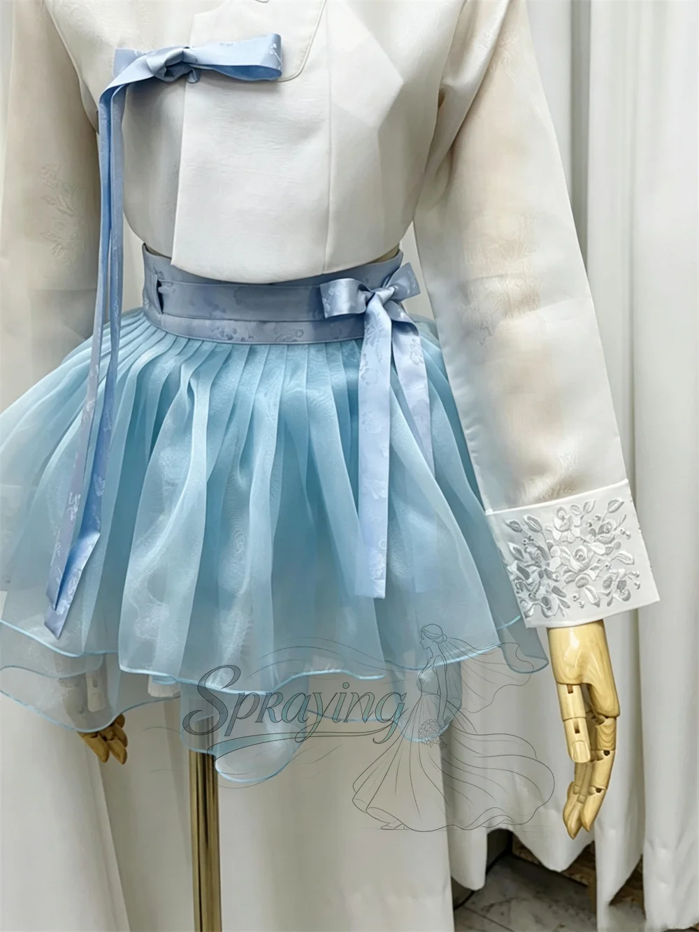 SPRAYING Blue Organza Short Hanbok Concert 2Pcs Long Sleeve Embroidery Mini Korean Photo Shoot Performance Dress Customized 2026