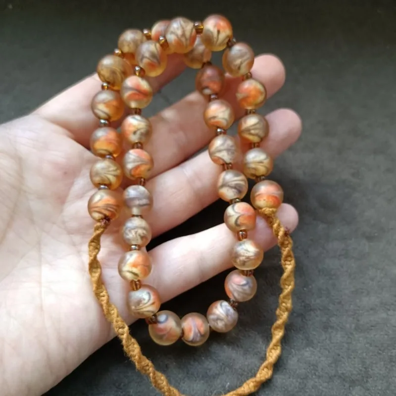Vintage Swirl Pattern Glass Bead Necklace, Multicolor Marbled Round Glass Beads Boho Hand Knotted Layering Necklace