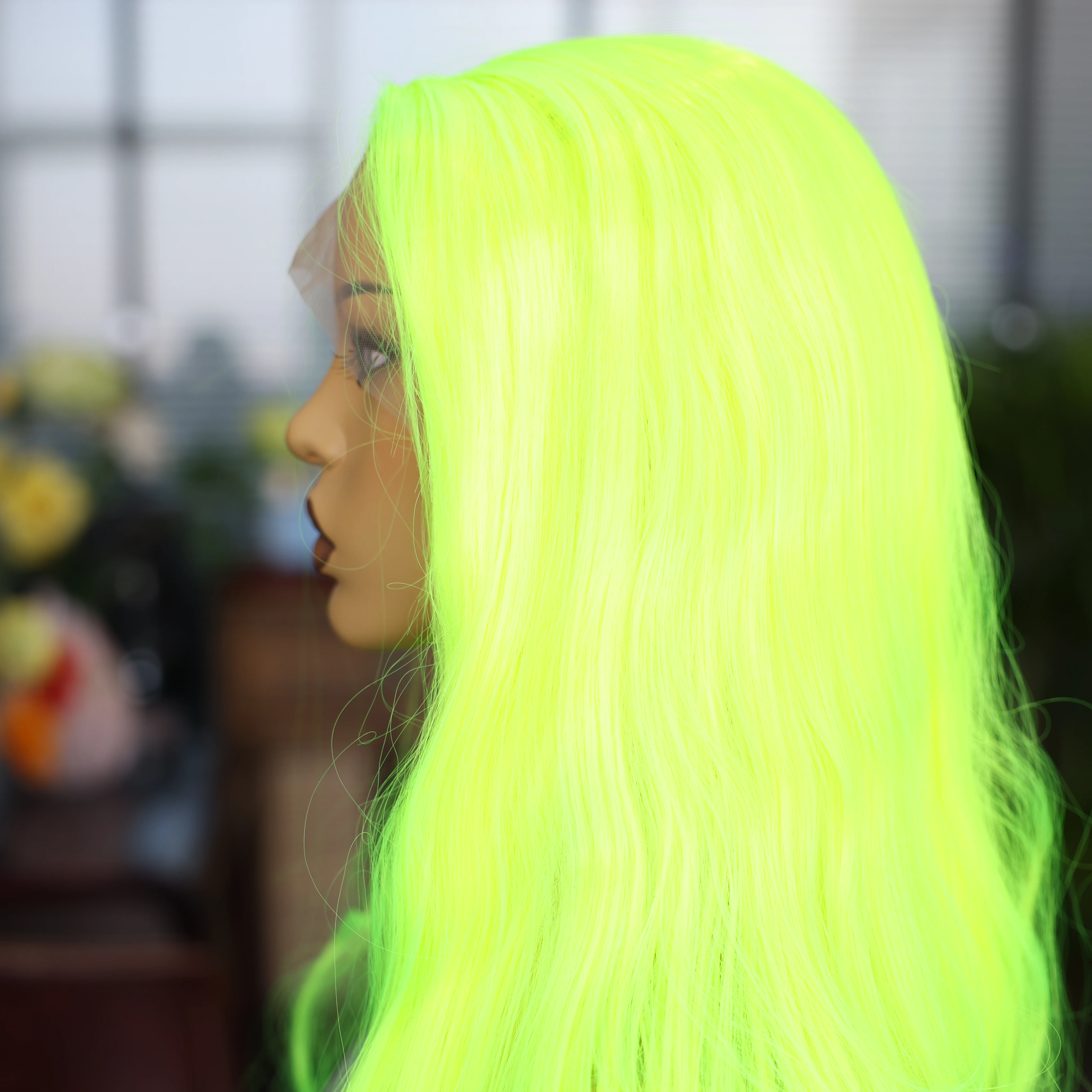 Green Synthetic Lace Wig for Cosplay Concert Long Fluorescent Green Straight Hair Wig No Gel No Falling Natural Hairline