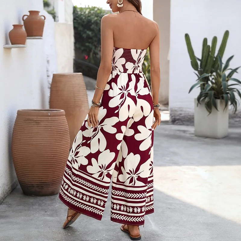 Printed Backless Pants Full Length Elegant with High Waist Wide Leg No Stretch Medium Weight Sleeveless Summer Women Jumpsuit
