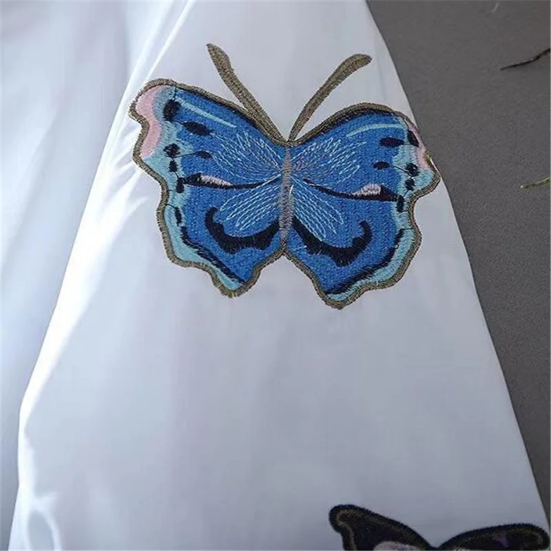 Retro Lantern Sleeve Blouses Women Top Butterfly Embroidered Shirt For Women Lapel Button OL Blusas Literature Art Female Blouse