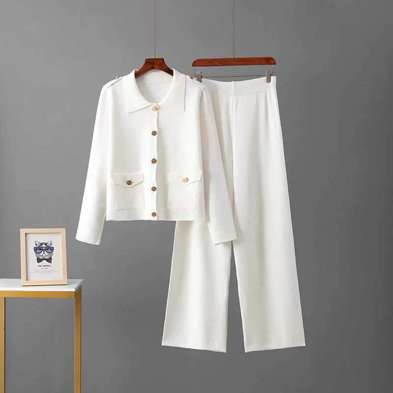 สไตล์เกาหลีฤดูใบไม้ผลิใหม่ผู้หญิงถักเสื้อกางเกงขากว้าง 2 ชิ้นชุดแฟชั่นเสื้อสเวตเตอร์ถักชุดเดินทางสบายๆ