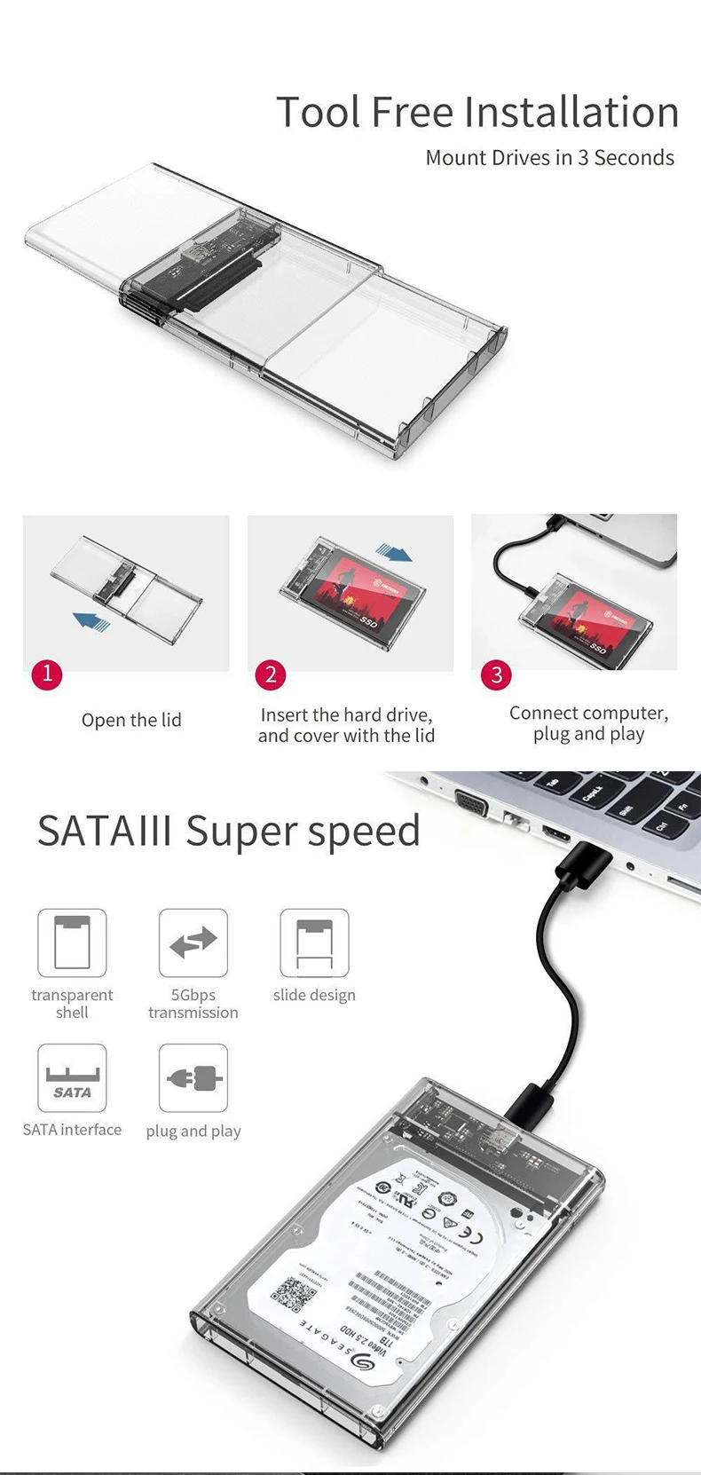 New Transparent Portable Hard Drive Case For 2.5-inch SATA HDD/SSD USB 3.0 External Reader for Desktops and Laptops