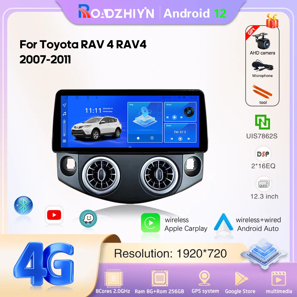 

12.3inch Car Multimedia Video Player For Toyota RAV 4 rav4 2007-2011 GPS Navigation Android12 Radio 8+256G 4G Carplay 360camera