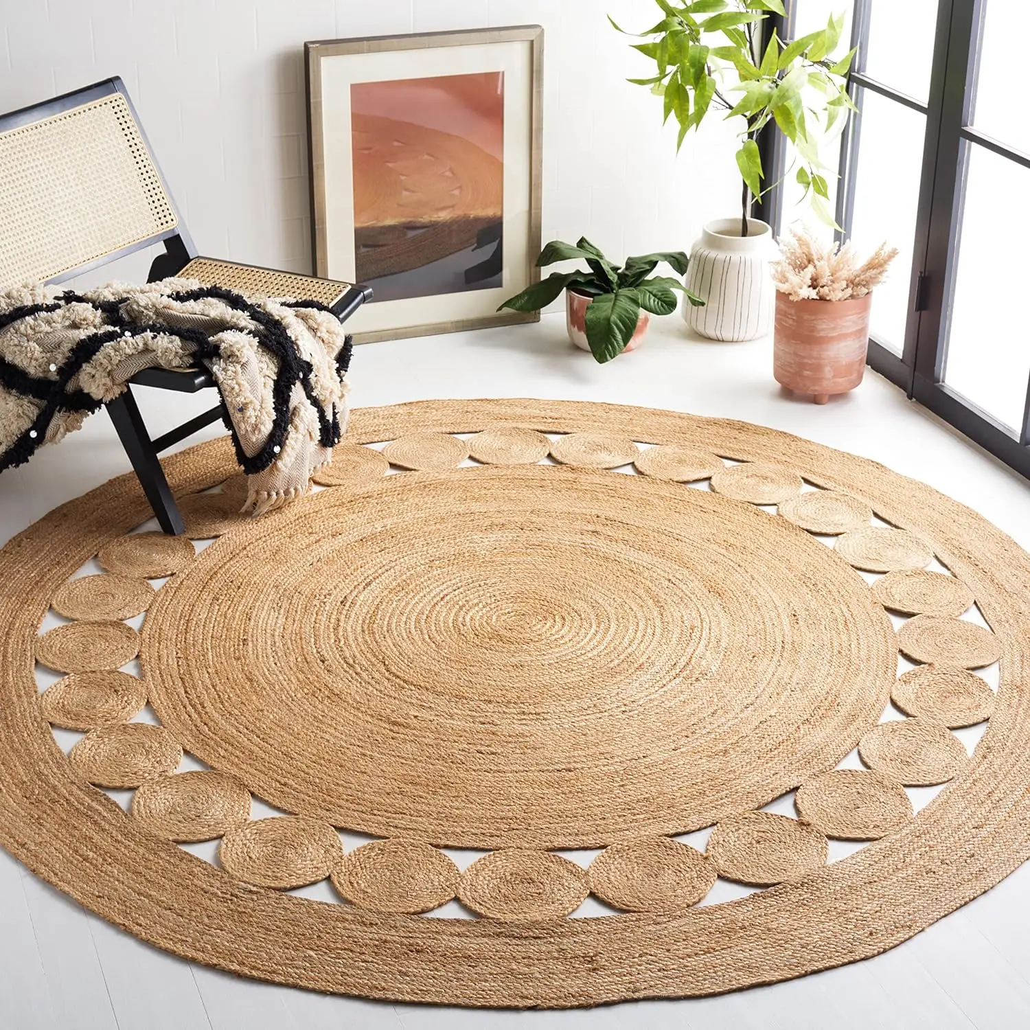 

Natural Fiber Collection Area Rug Round, Natural, Handmade Boho Charm Farmhouse Jute, Ideal for High Traffic Areas in Living