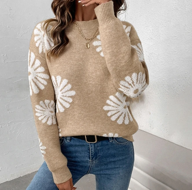 Pull en tricot à fleurs pour femmes, pull décontracté