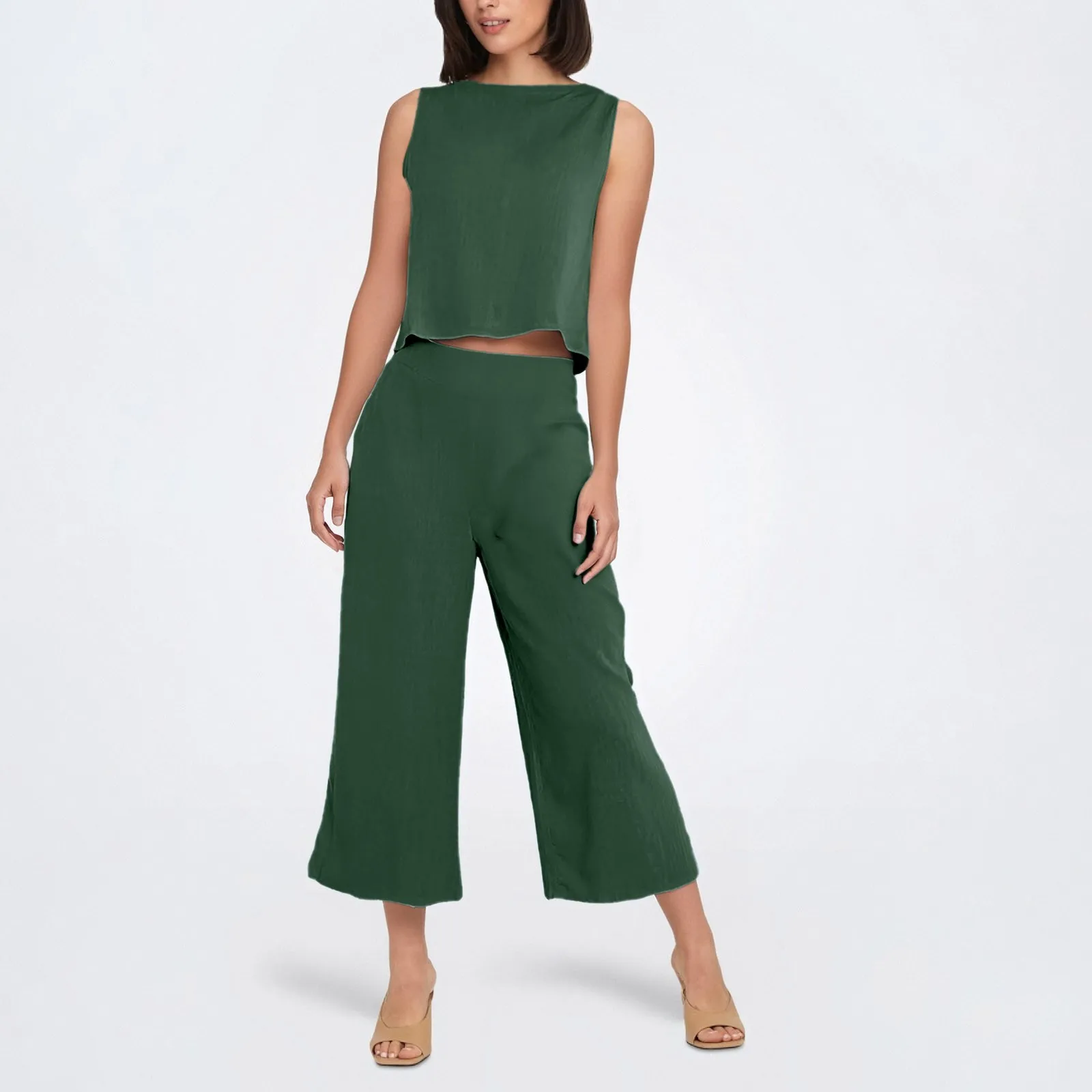 

Women'S Casual Urban Back Button Sleeveless Simple Wide Leg Pants Set Seven-Half Bell Bottoms Pocket Summer 2-Piece Set