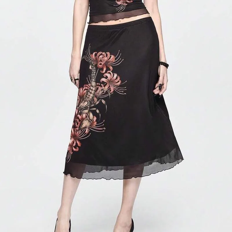 Flower Printing Trend Straight Skirt Personality Vintage Gothic Sexy Women Scorpion American Temperament Casual Aesthetic Skirt