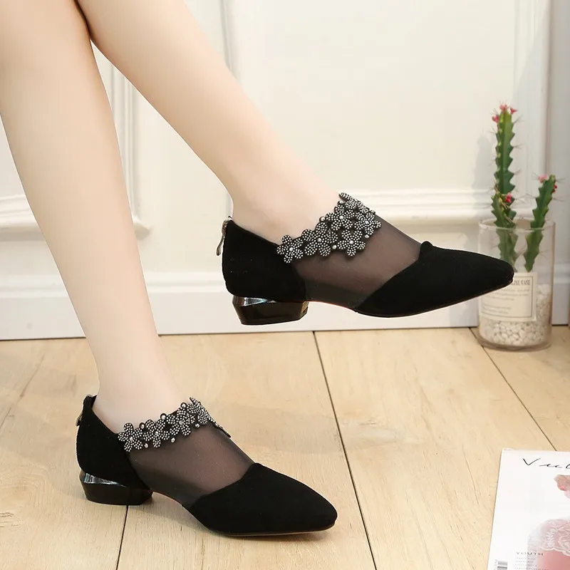 2024 New Pointed Toe Thin Low Heel Shallow Mouth Black Elegant Women\'s Shoes Sexy Banquet Party Fashion Mesh High Heels NO:720