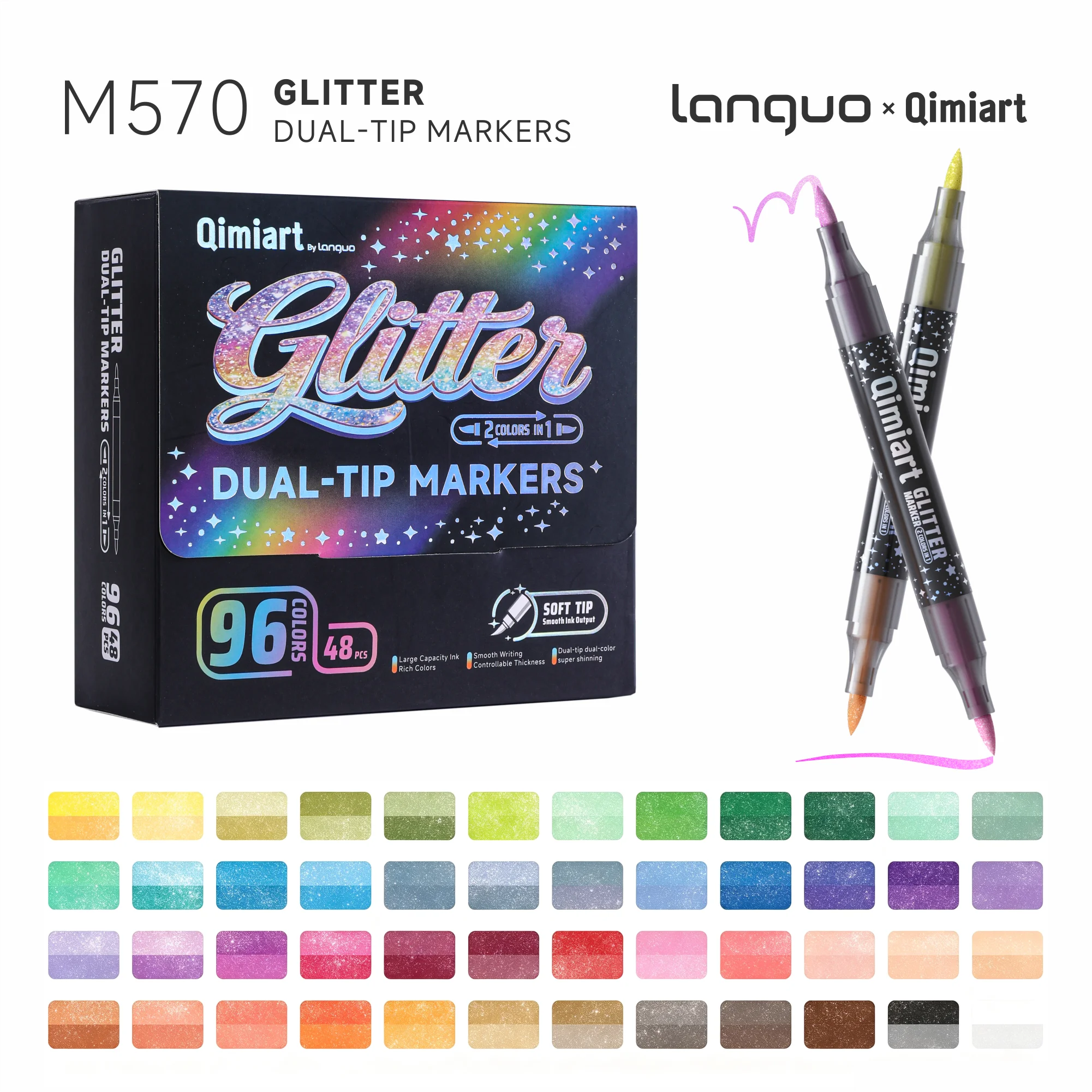 Languo 48/96 kleuren dubbele punt glitter art markers metallic verf markers pennen voor DIY knutselwerk, verjaardagskaarten, posters maken, albums.