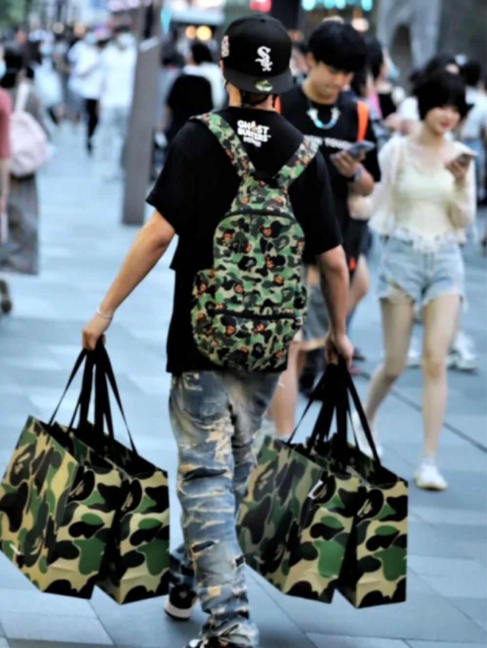 일본 유행 브랜드 Bape Milo 아기 원숭이 위장 만화 인형 캔버스 야외 여행 더블 숄더 백 