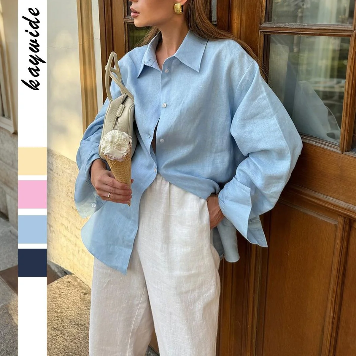 Women's Long Sve irt Small Sved Cotton Casual Faion European Sle Iron-Free Clothing Pure Color Autumn Season