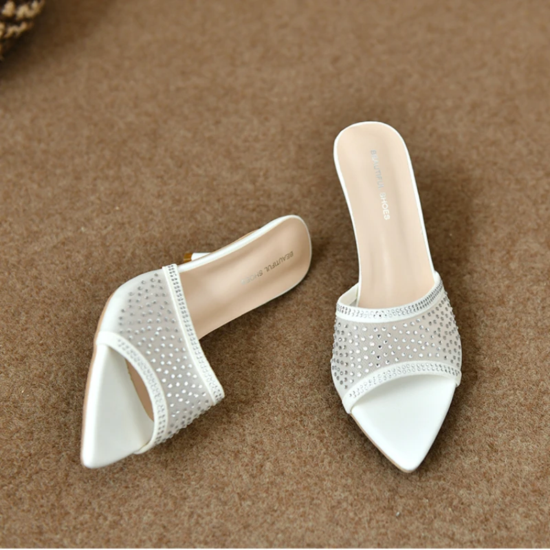 

2025 Summer Slippers New Women's High Heels Beach Shoes Sheer Mesh Stiletto Heel Women's Rhinestone Sandals