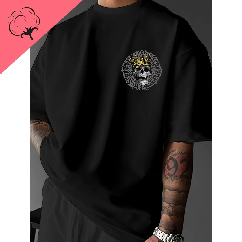 تي شيرت بنمط جمجمة وتاج قوطي - ظهر فضفاض على طراز الشارع مطبوع بكلمات "TRUST NO ONE" من القطن الخالص للجنسين عصري #4