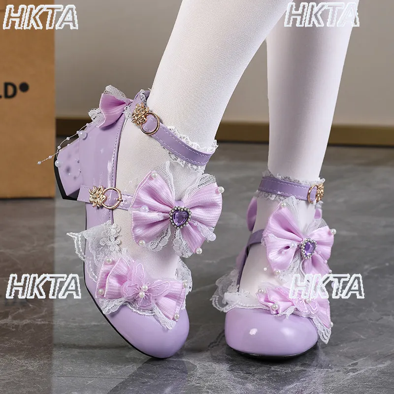 Japanese Elegant Lolita Mid Heel Pumps Pearl Lace Bow Rhinestone Summer Fashion Sweet Lolita Shoes Cute Kawaii White Shoes Women - view 5