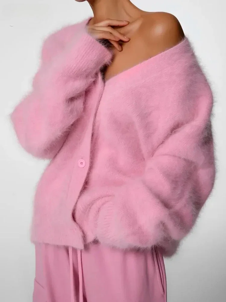 Suéter informal de gran tamaño con cuello en V para mujer, cárdigan de punto de manga larga holgado a la moda, abrigo de punto de color caqui liso para cárdigan de otoño