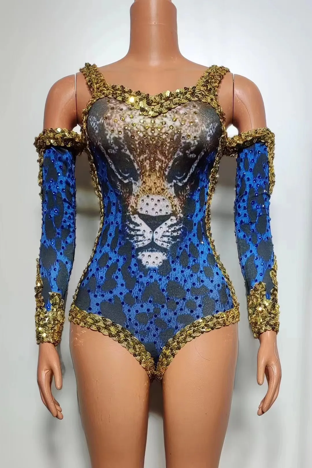 

Off-Shoulder Blue Leopard Bodysuit Sequins Rhinestones Singer Performance Wear Stretch Jumpsuit Gogo Dancer Clothing VDB7870