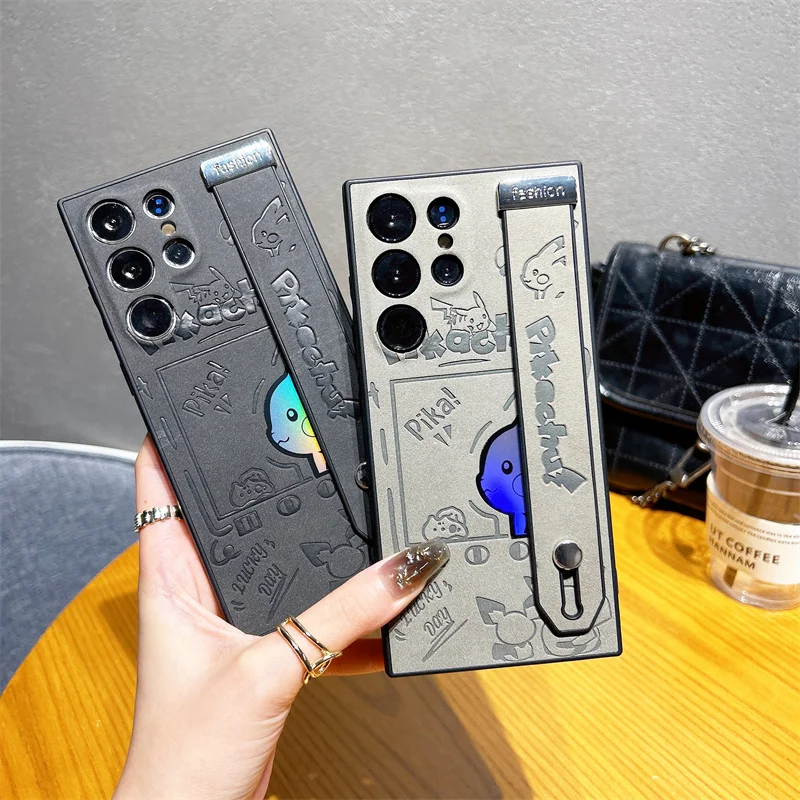 

Japan anime Cute P-Pokemon Wrist strap Bracket Phone case For Samsung S22 S23 S24 S25Ultra Plus S25edge Suede Soft Leathe Shell