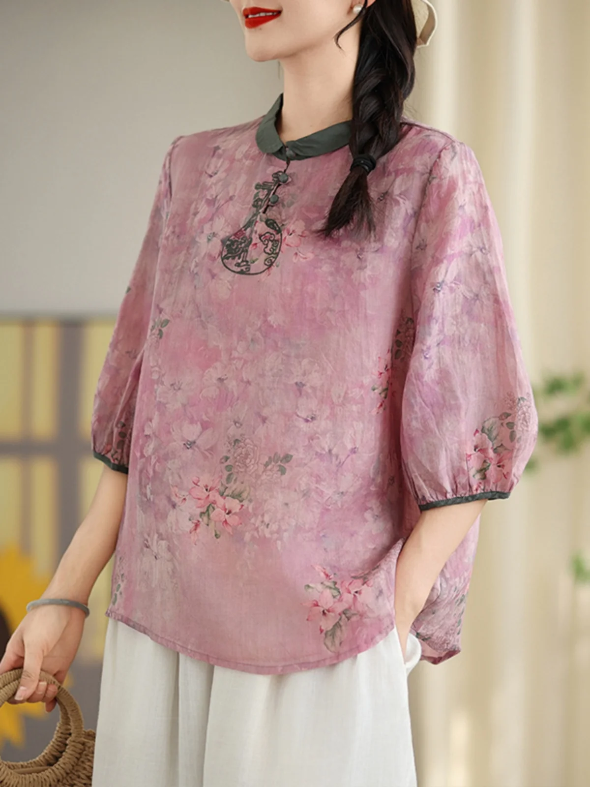 New Chinese Sle Donna Loose Fit Cotone Lino irt ort Sve Ricamato Dimagrante Top Pendolarismo Sle Summer Faion