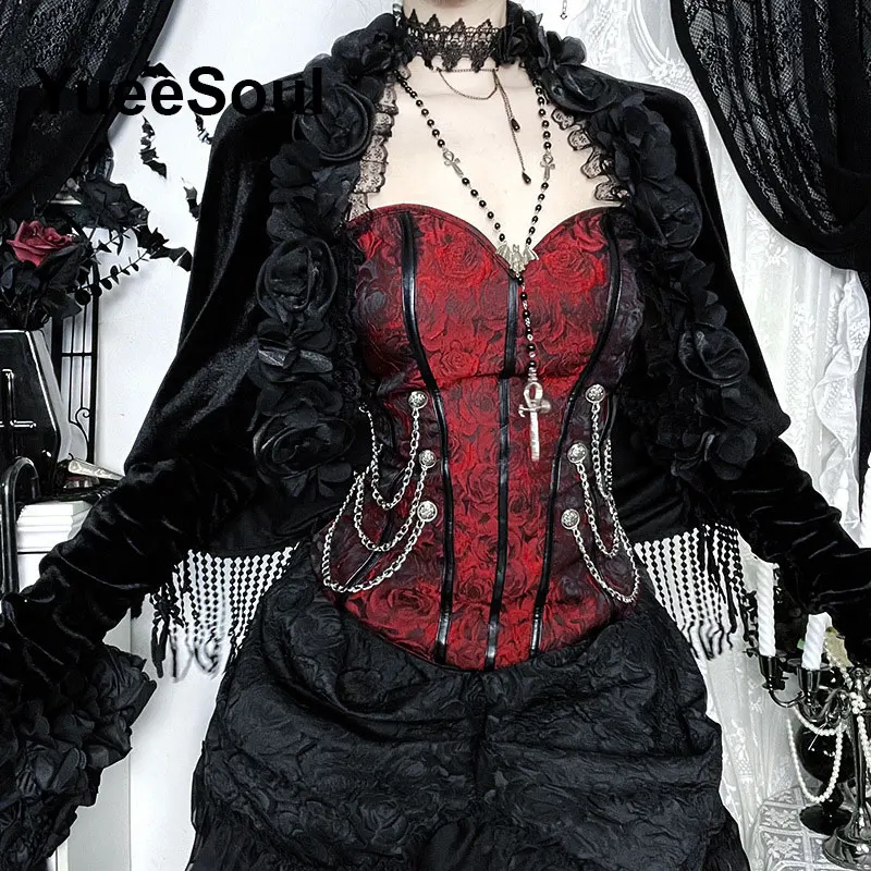 Gothic Women T-shirts Black Lace Long Sleeve Sexy Tees 2025 New Halloween Y2K Grunge Punk  Lolita Fairy Core Party Crop Tops