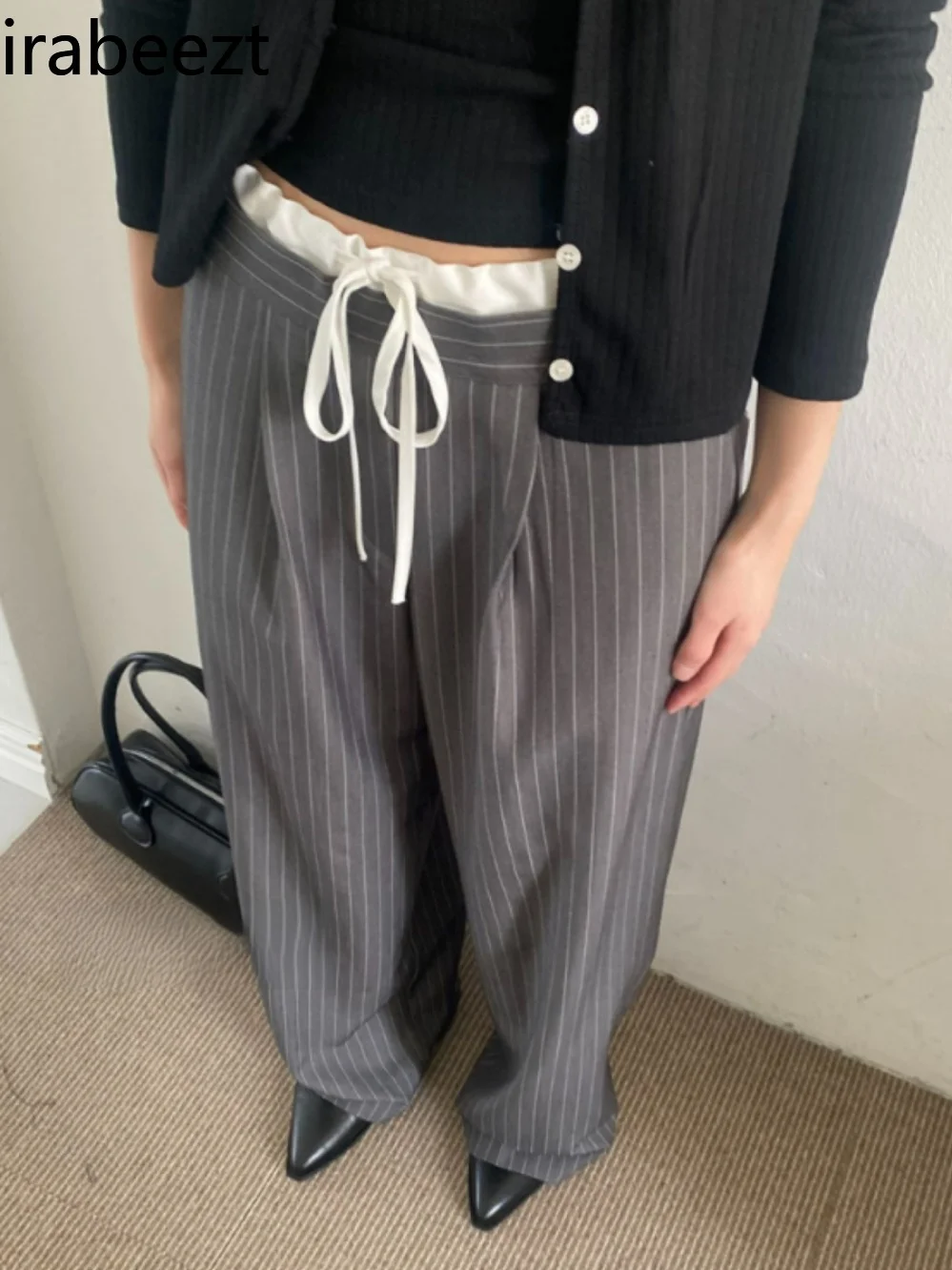 

Street Korean Patchwork Waist Lace-up Design Matching Striped Dark Pattern Slacks Suit Casual Trousers Wide Leg Pants Women