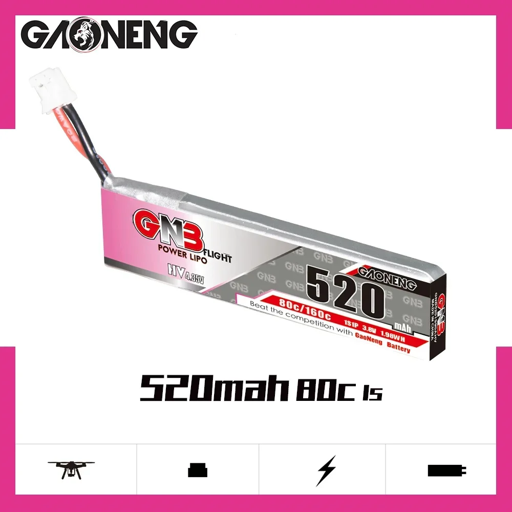 بطارية ليبو Gaoneng GNB 1S 3.8V 520mAh 80C/160C HV 4.35V مع قابس PH2.0 لأجزاء الطائرة بدون طيار Tinyhawk Kingkong LDARC TINY7 RC