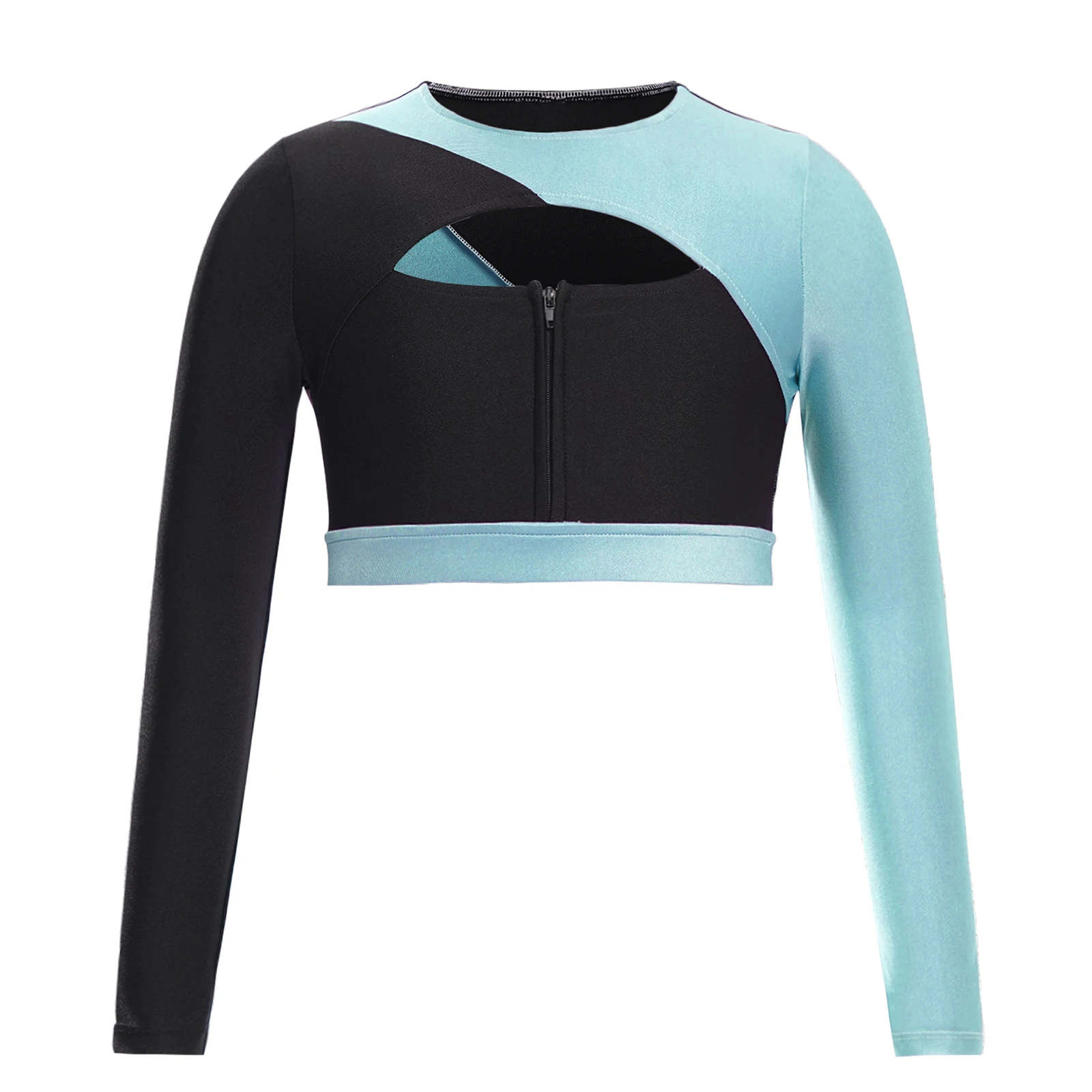 New Style Kids Girls Sports Tops Yoga Tops Workout Running Cycling Costumes Breathable Long Sleeve Front Color Block Crop Top