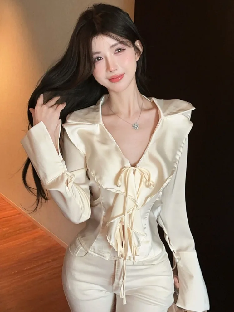 

Silk Shirt Hollow out Bow Tie Lace Asymmetrical Slimming Top Korean Style Gentle Commute Style Long Sleeve V-Neck