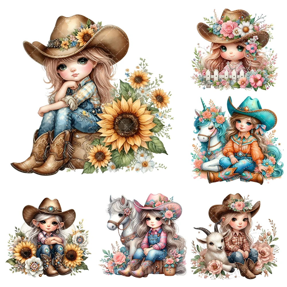 

Cute Little Girl Series Cowboy Girl Heat Transfer Stickers Iron On Clothes Bags DTF Vinyl Thermal Appliques Washable DIY Patches