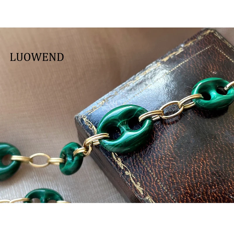 

LUOWEND 18K Yellow Gold Necklace Vintage Elegant Style Real Natural Malachite Bracelet&Necklace for Women High Party Jewelry Set