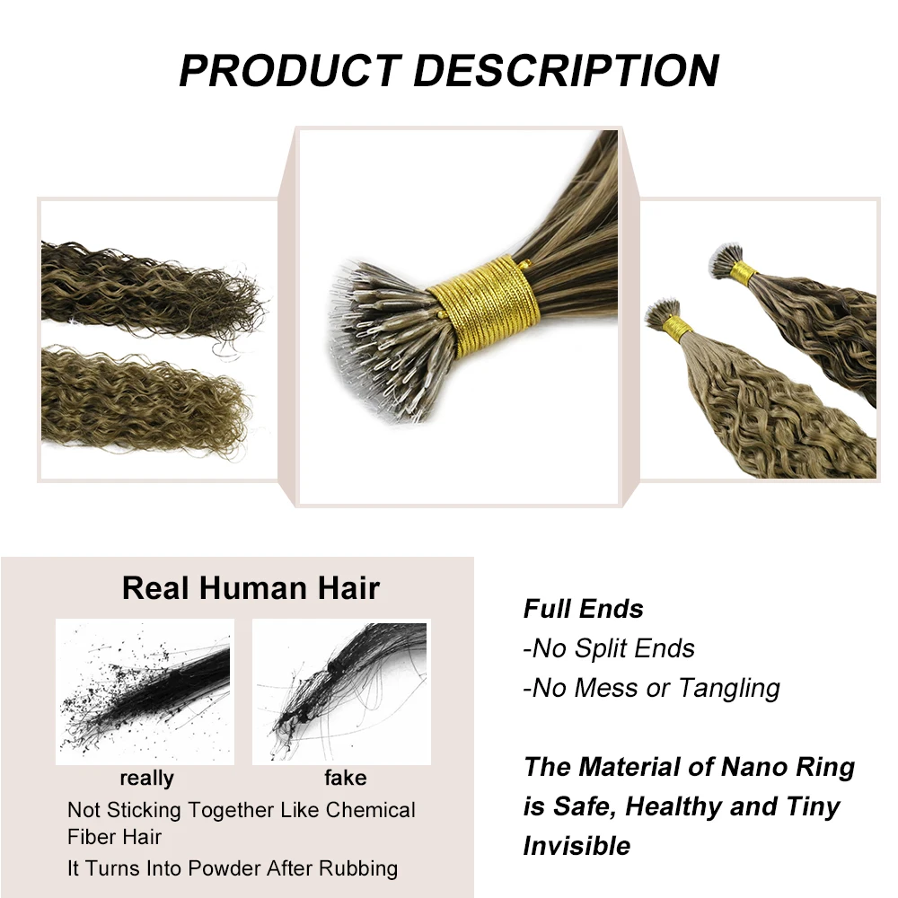 Natural Wave Micro Link Hair Extensions Human Hair for Women 1g/pc 50pcs Nano Ring Human Hair Extension 100% Human Remy Hair 613