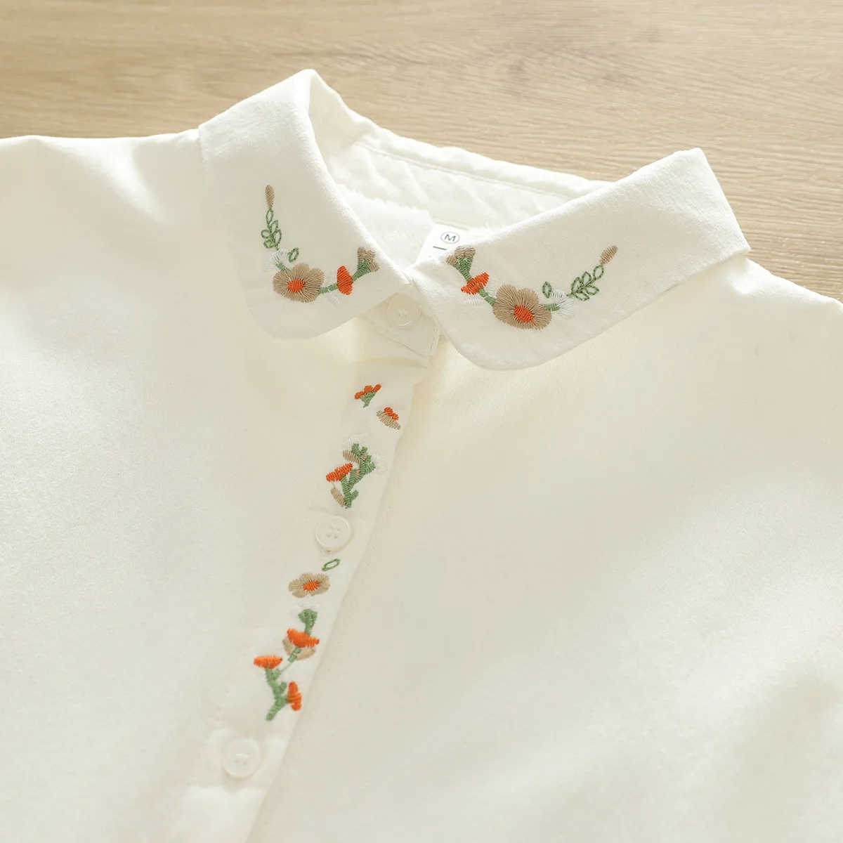 جديد 2025 الخريف قميص قطني بكم طويل الصوف ، المرأة التلبيب الأزهار التطريز ، موري فتاة مزاجه بلوزة فضفاضة دافئة T5O883CC #5