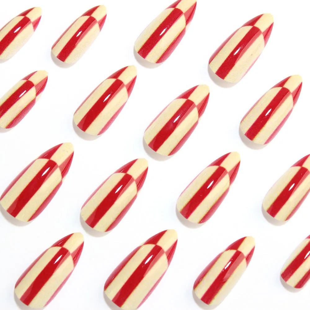 24Pcs Red White Stripe Checkerboard Press on Nails Retro Candy False Nail Short Almond Full Cover Fake Nail Tips For Women&Girl