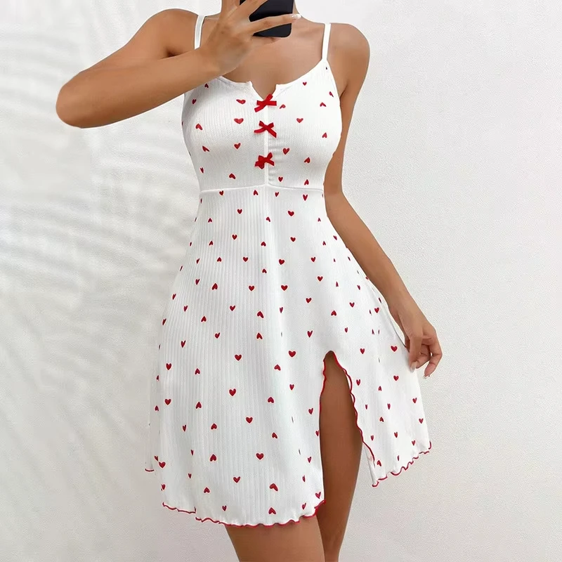 New women's sleepwear sexy V-neck heart-shaped printed suspender nightgown home wear summer cool nightgown hot selling Y2K