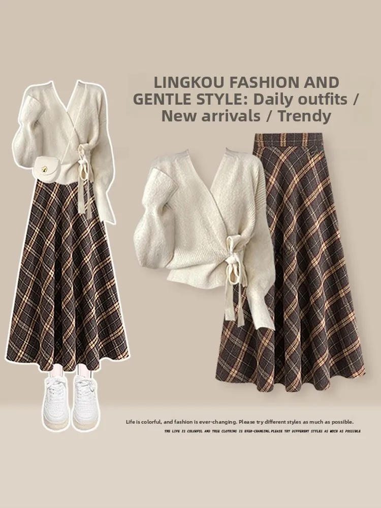 

Spring Gentle Sle Women's Knitted Sweater And Plaid Skirt Set Casual High Waist V-Ne Mid-Length Two-Piece Suit