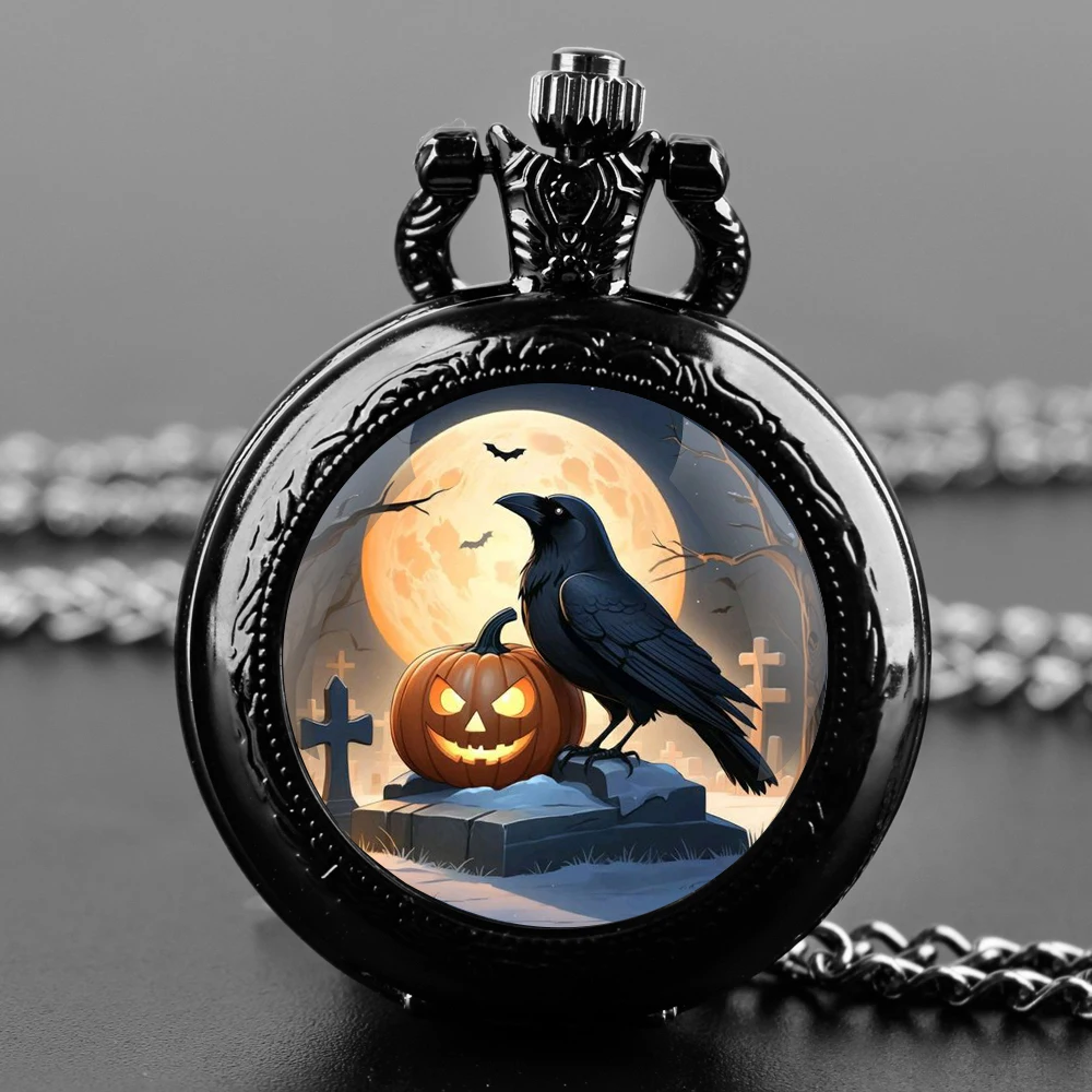 

Halloween Cosplay Dark Crow Glass Dome Quartz Pocket Watch With Durable Chain Arabic Numeral Dial Creative Gifts for Men Women