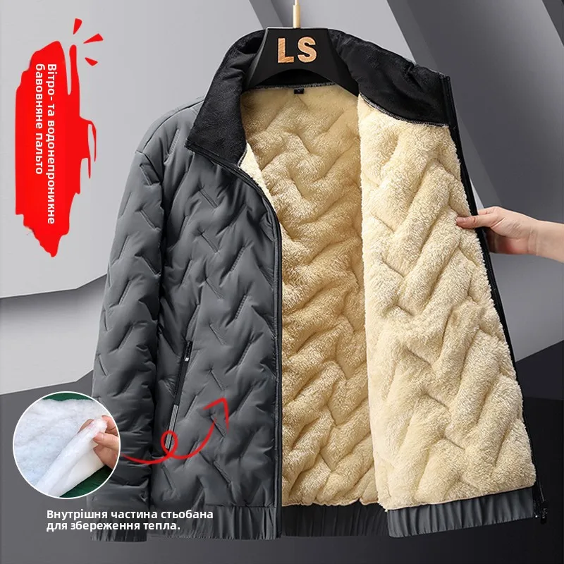 Thiened Lamb Velvet Cotton Jaet Stand Collar Wear Resistant Winter Coat for Men Warm Casual Sle Large Size Zipper Closure