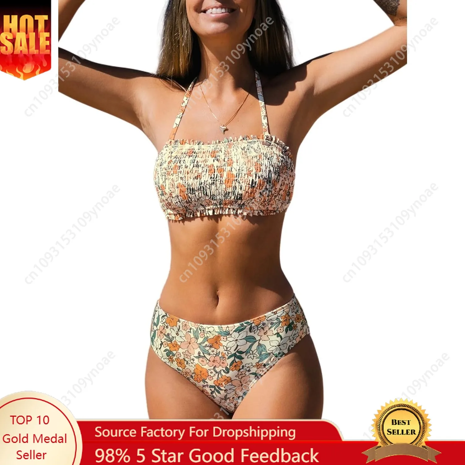 

Floral Bandeau Bikini Sexy String Halter Swimsuit Women Two Piece Swimsuit Mid Rise Thong Removable Straps with Chest Pad