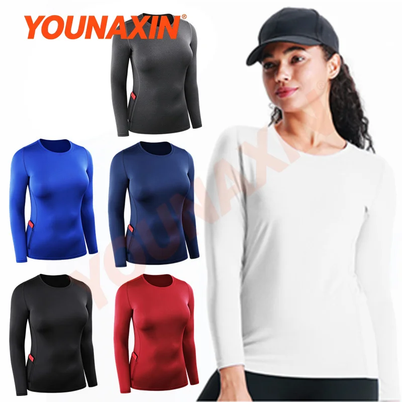 Women’s Quick-Drying Breathable Long-Sleeved Round-Neck Sports T-Shirt with Two Side Pockets Casual Running Fitness Top YOUNAXIN