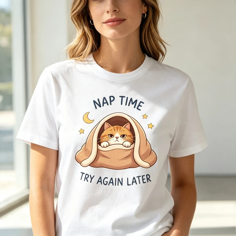Sleepy Cat Nap Time T Shirt Funny Cat Hide in Blanket Graphic Print Breathable Cotton Short Sleeve Casual Top for Men Women