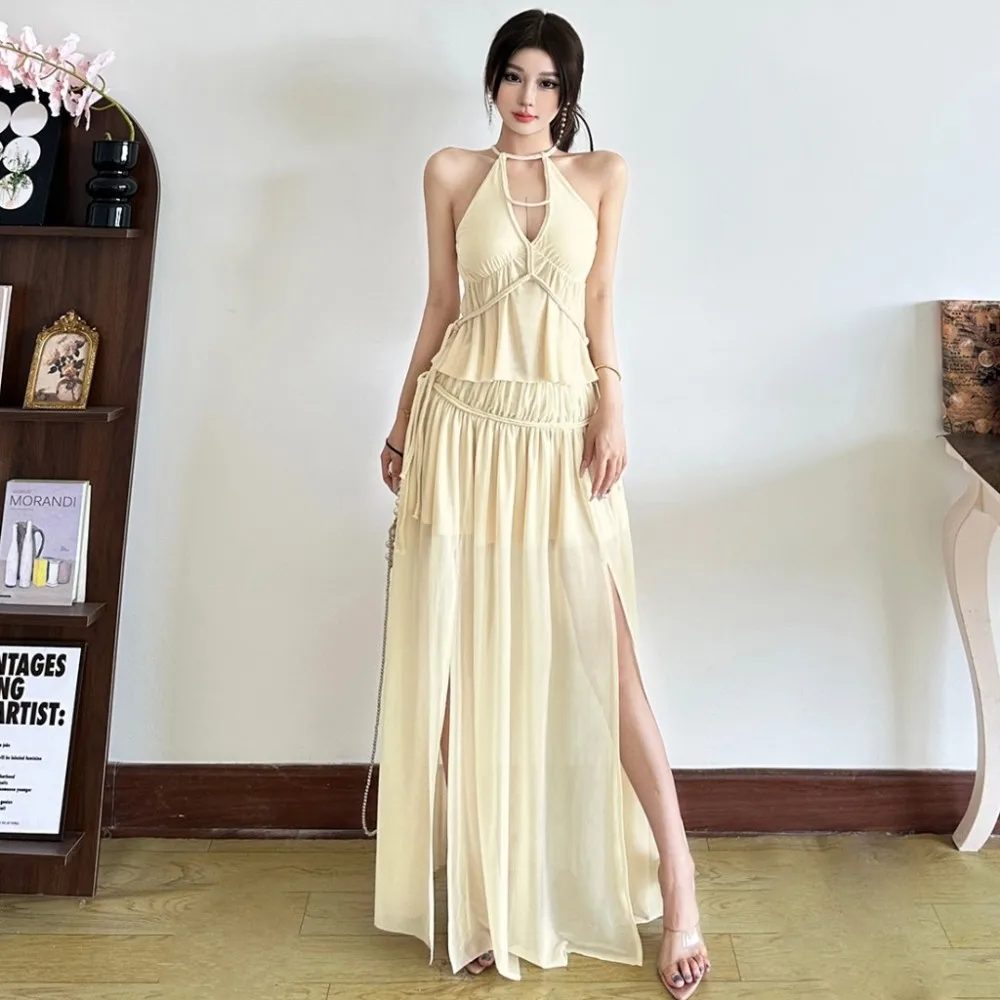 

SylCue Ruched Elegant 2 Piece Set Women Hollow Lace-Up Tank Tops+Mesh Patchwork Splits Skirts Sweet Style Birthday Party Suit