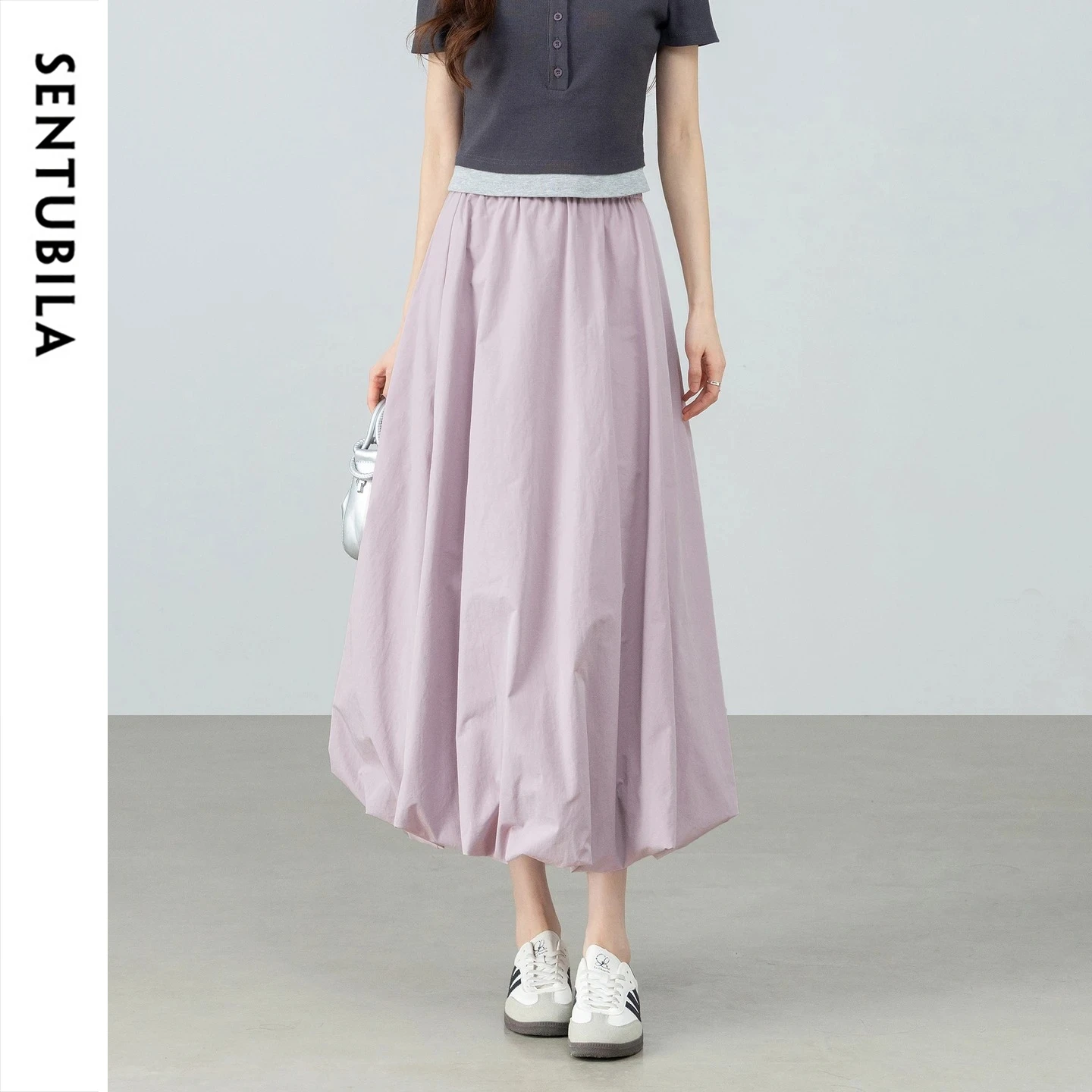 SENTUBILA Women Purple Elastic Waist Bubble Skirt 2026 Summer New High Quality A-Line Skirt Casual Plain Midi Skirt 161QA5903