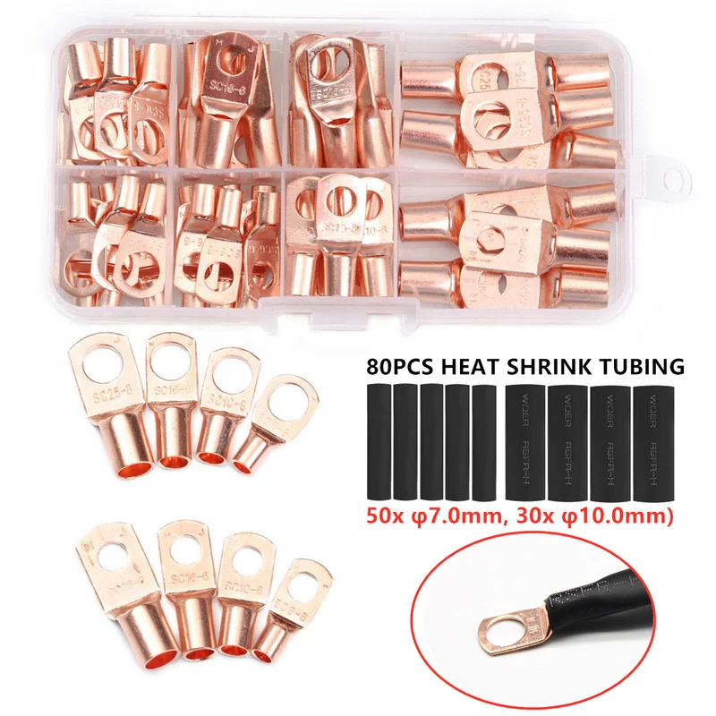 140PCS Copper Battery Cable Terminal  Lug Crimp Cable END Connector Heat Shrink Tubing Kit Terminal Eletrico Car Accessories