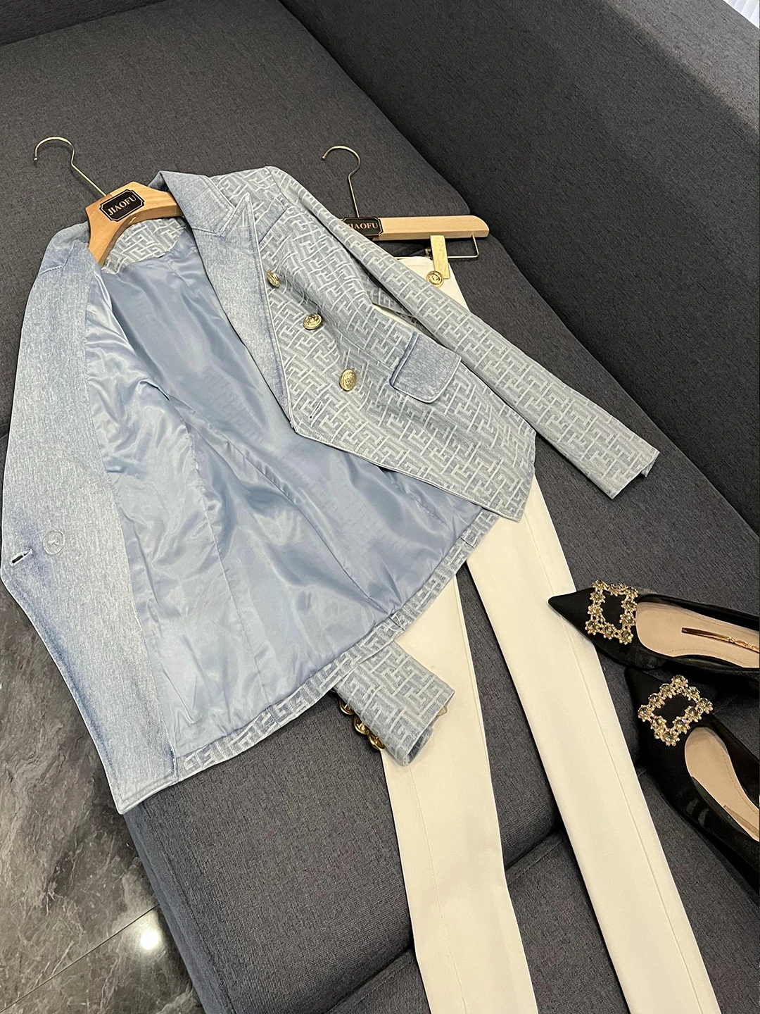 

Blue Double-Row Button Lion Bule Maze Pattern Embroidered Denim Jaet Suit Women's Sle Commute Slim Fit Long Sve Coat