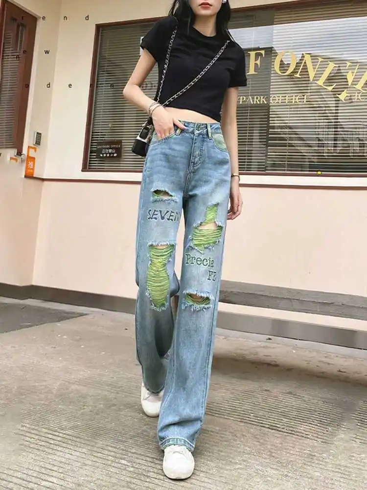 High Waist Shot Ripped Trousers Letter Womens with Holes Jeans Straight Leg Denim Pants for Women Korean Fashion R Medium Unique
