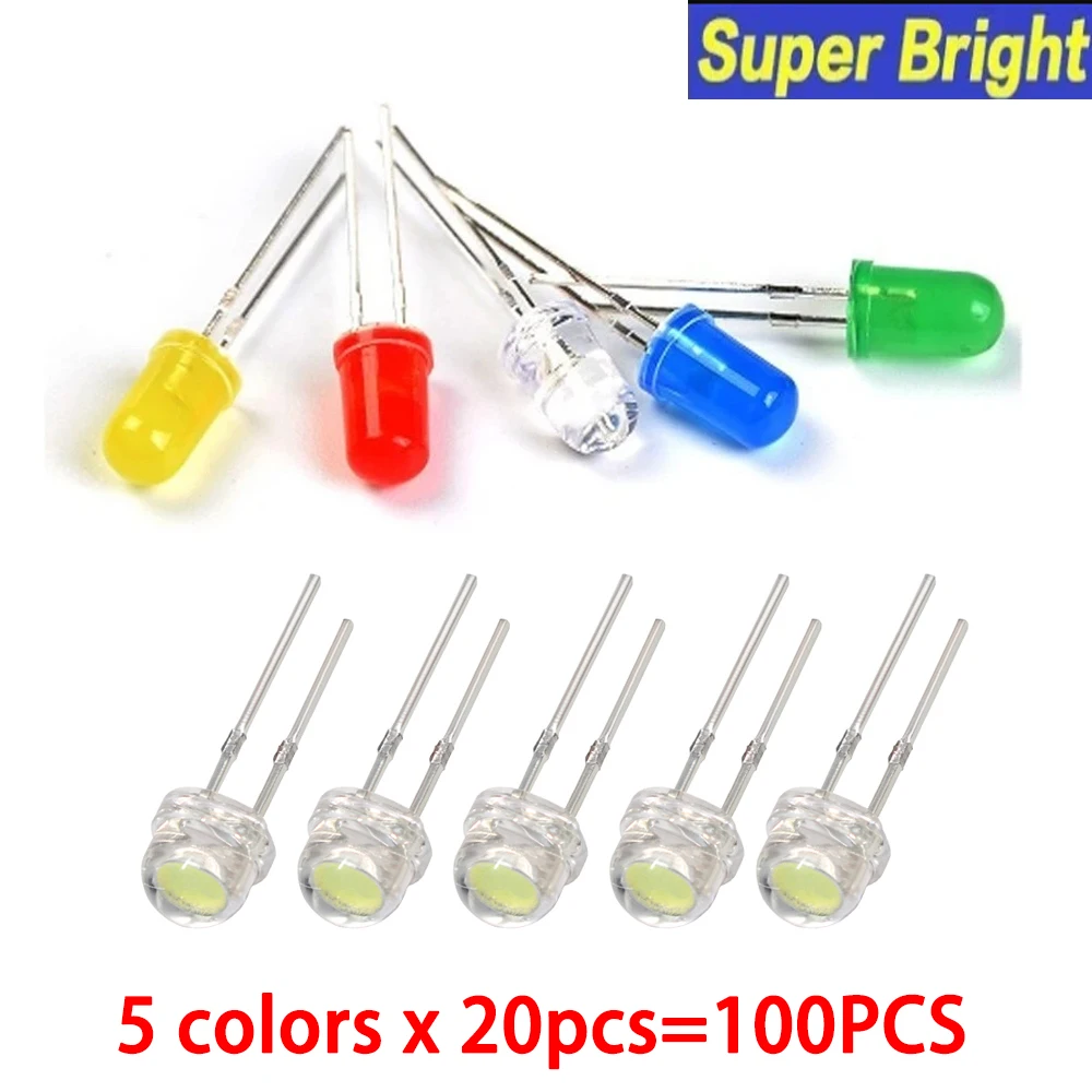100PCS 5mm LED Diode Kit Super Bright Straw Hat/Round LED Light Emitting Diodes Red/Green/Yellow/White/Blue for DIY Electronics