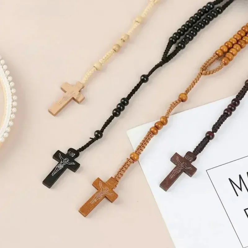 New Jesus Christ 9mm Natural Wood Beads Cross Pendant Braided Rope Rosary Beads Necklace For Religious Orthodox Prayer Jewelry