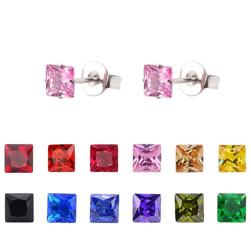 Stainless Steel With 3mm Square Colors Red Green Blue AAA Zircons Stud Earrings No Fade Allergy Free