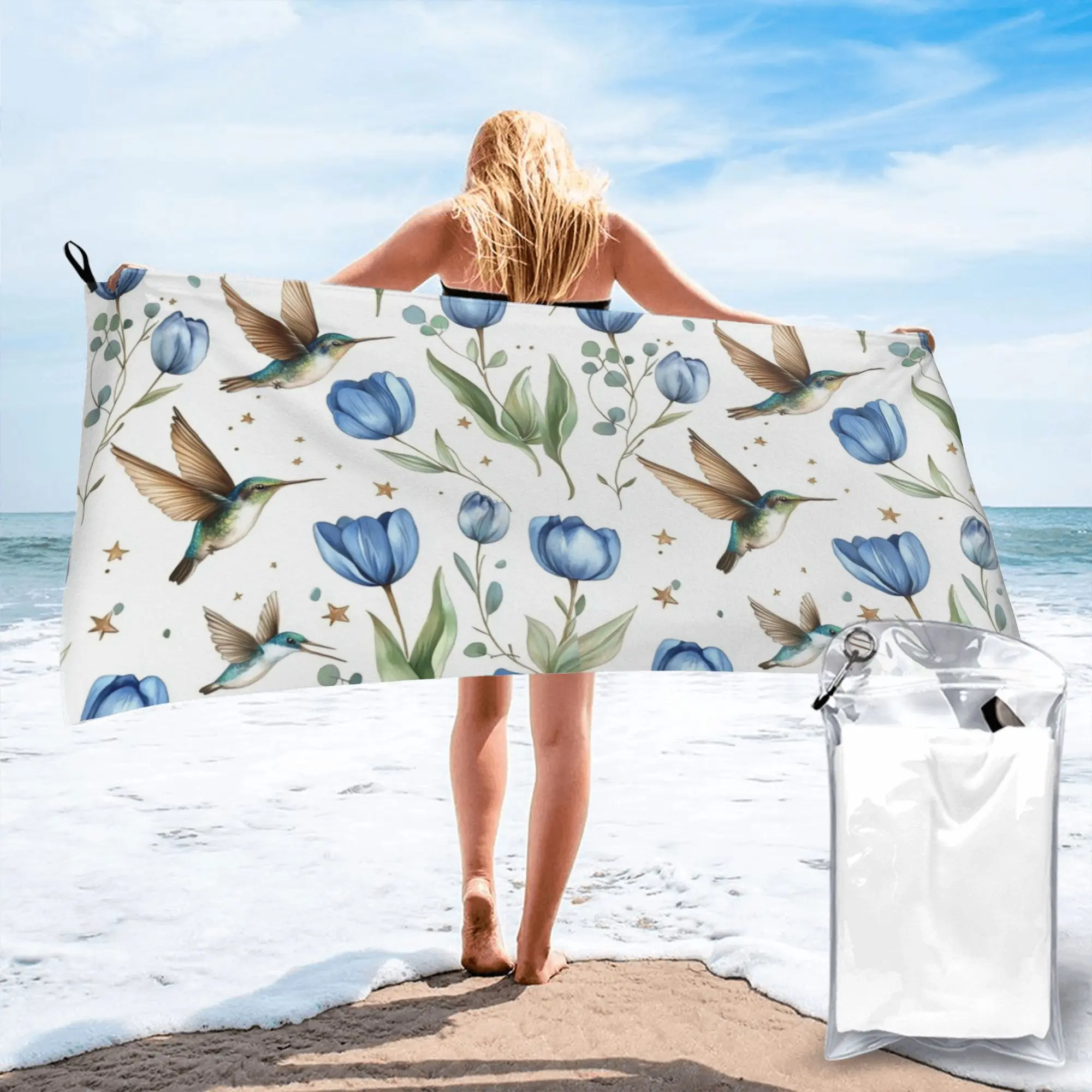 Tulips and Hummingbirds Beach Towel Soft Microfiber Quick Dry Absorbent Quick Towels For Bath