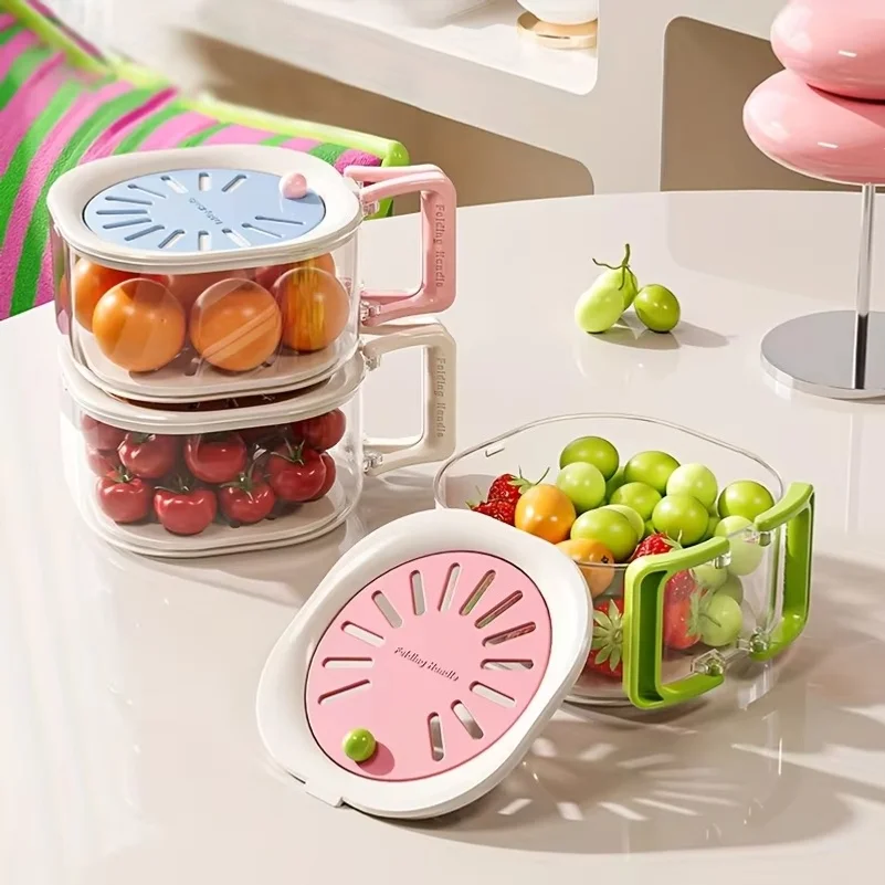 2-in-1 Double Layer Drain Basket, Fruit Drainer Container with Foldable Handle, Multi-Functional Food Strainer